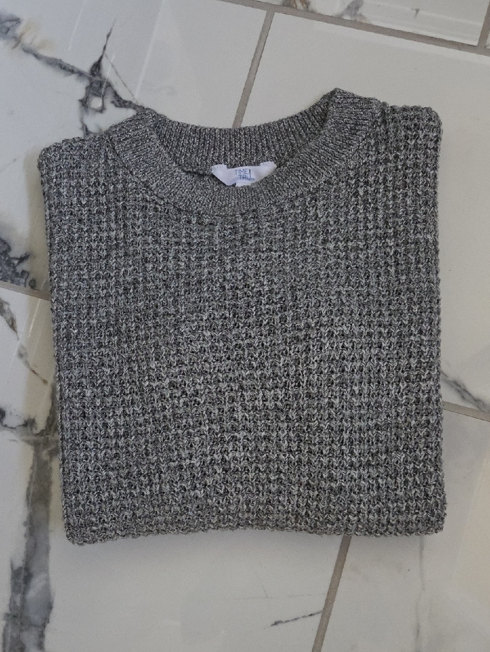 Waffle Knit Gray Crewneck Women's Sweater - Picture 5 of 5